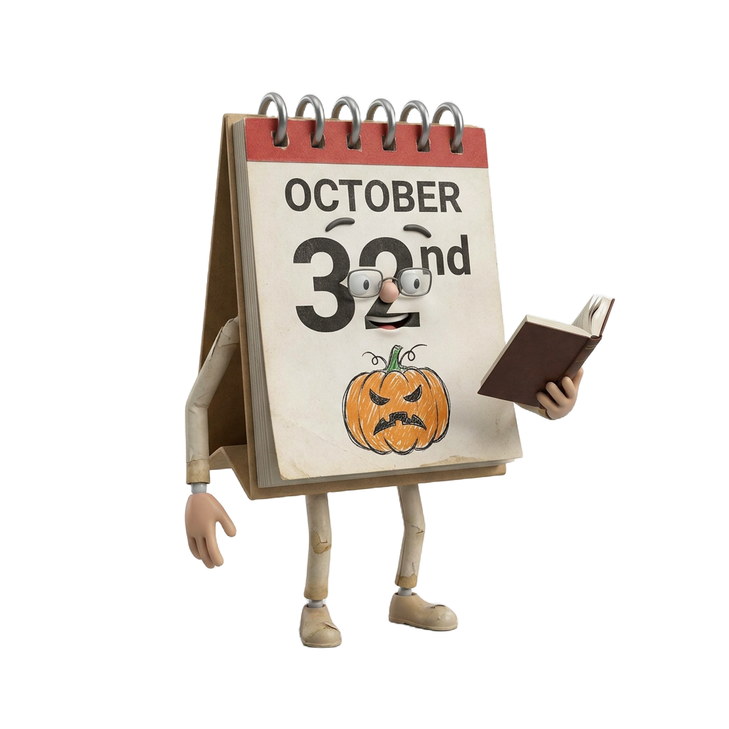 A whimsical standing desk calendar character reading a book.