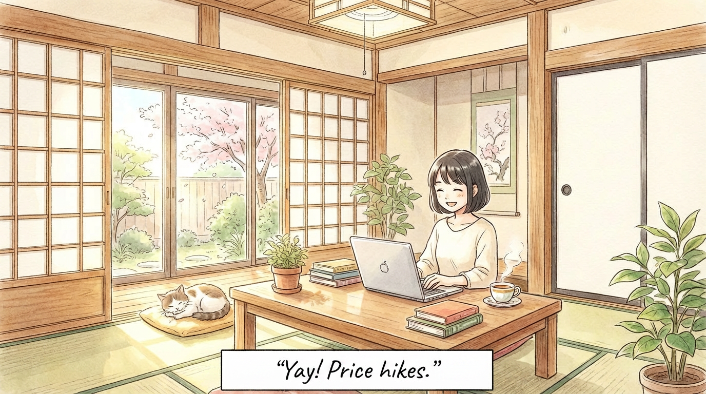 A cozy cartoon scene of someone working happily on a laptop with the caption, Yay! Price hikes.